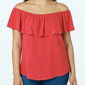 🌺 Bar III Off Shoulder Ruffle Blouse Peony Coral Size L NWT Textured Stretch Top
